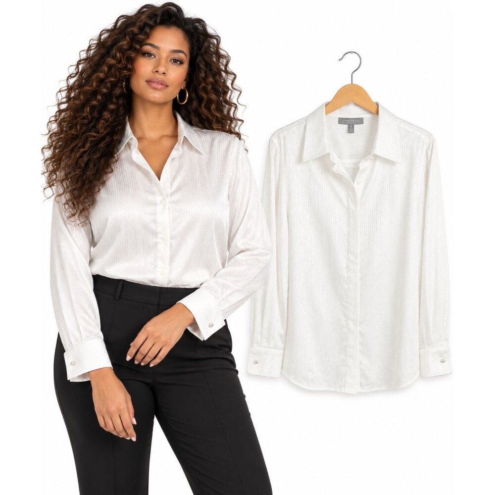 Foxcroft Wrinkle Free Button Down Shirt Size 8 White Jacquard Stripe Shaped